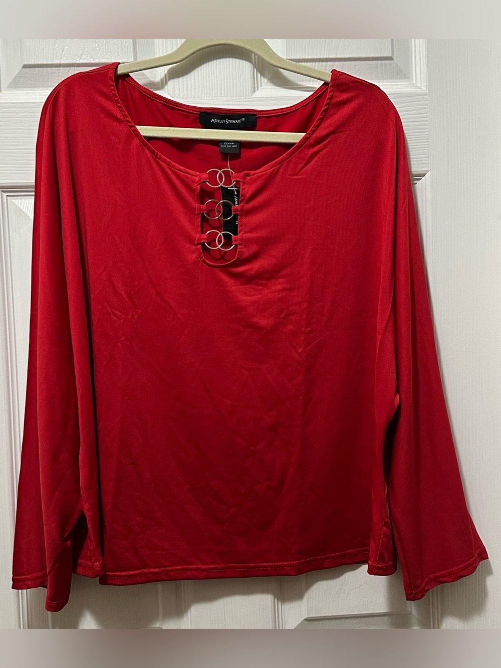 Ashley Stewart Red Long Sleeve Blouse W Deco Ring Accents Women’s Plus Sz 22/24